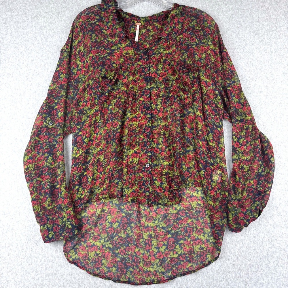 Free People Womens Small Sheer Dark Floral Blouse High Low Button Down Boho Fall